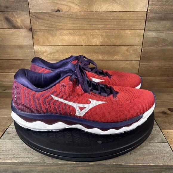 Mizuno Running Shoes Womens 8.5 Wave Sky Sneakers Red Knit Road Training Workout - Picture 1 of 10